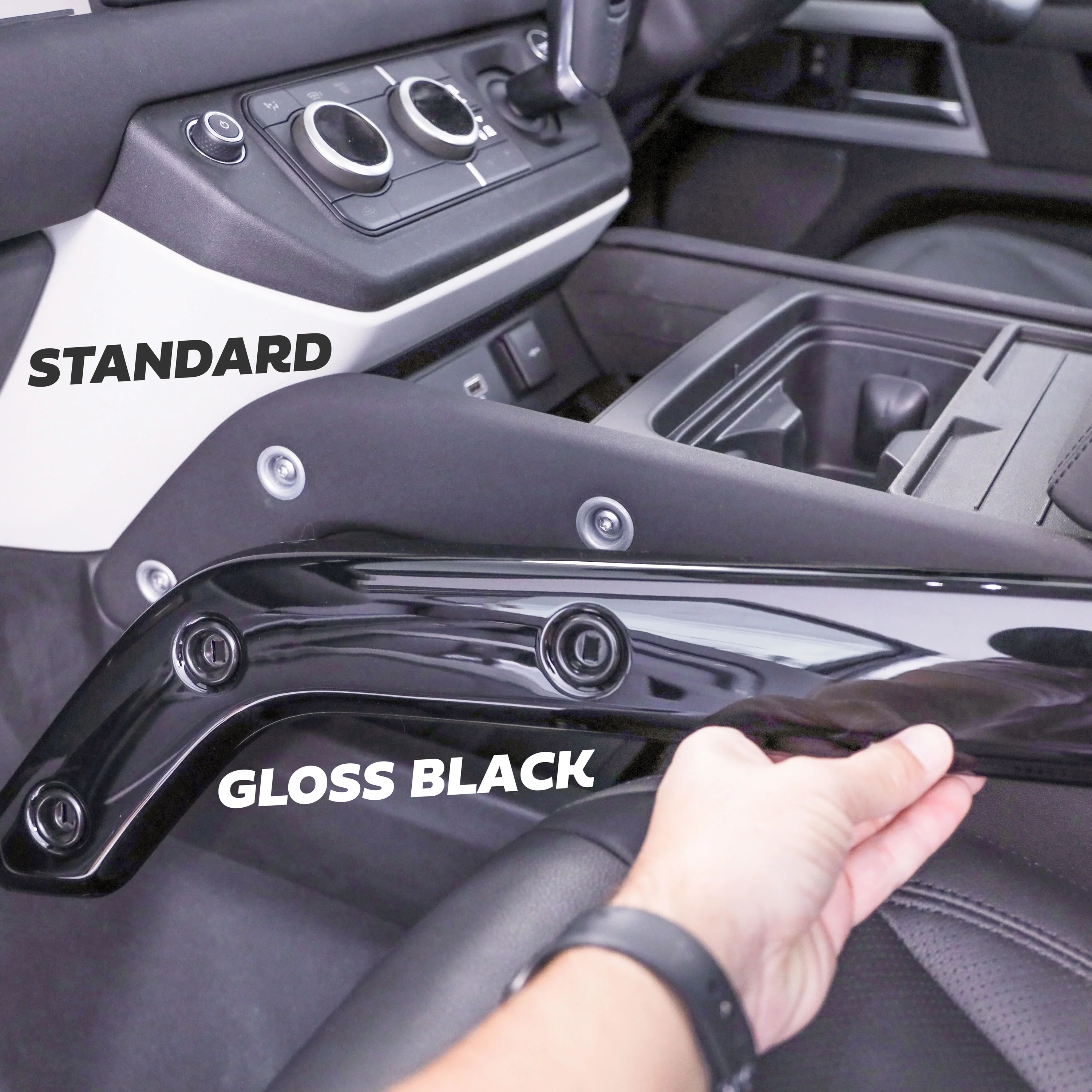 3pc Gloss Black Interior Trim Kit (Centre console & door pull) for Land Rover Defender 90 - LHD - Image 4
