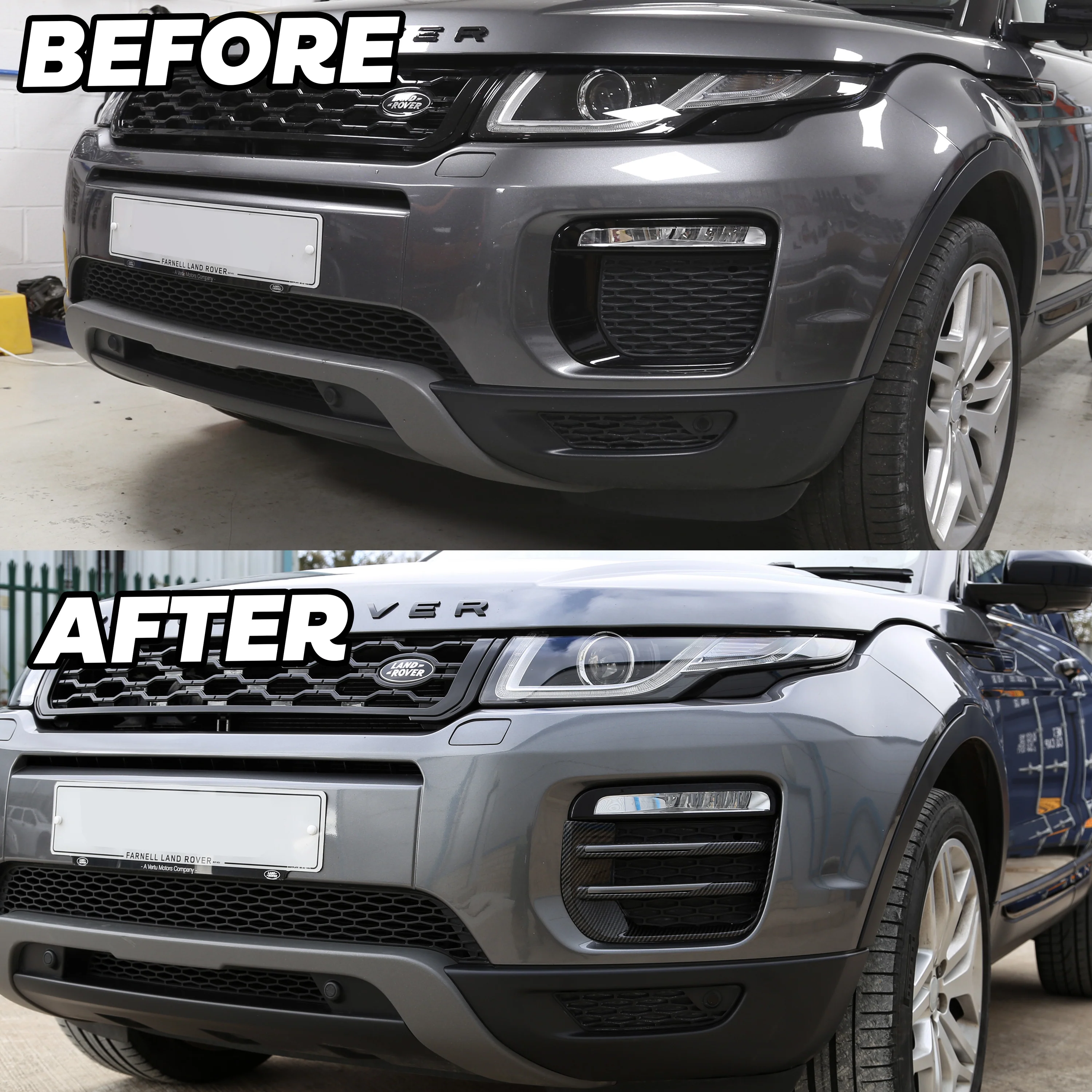 Carbon Fibre Effect Front fog Surrounds wih Silver Inserts for Range Rover Evoque SE & HSE (2016-19) - Image 8