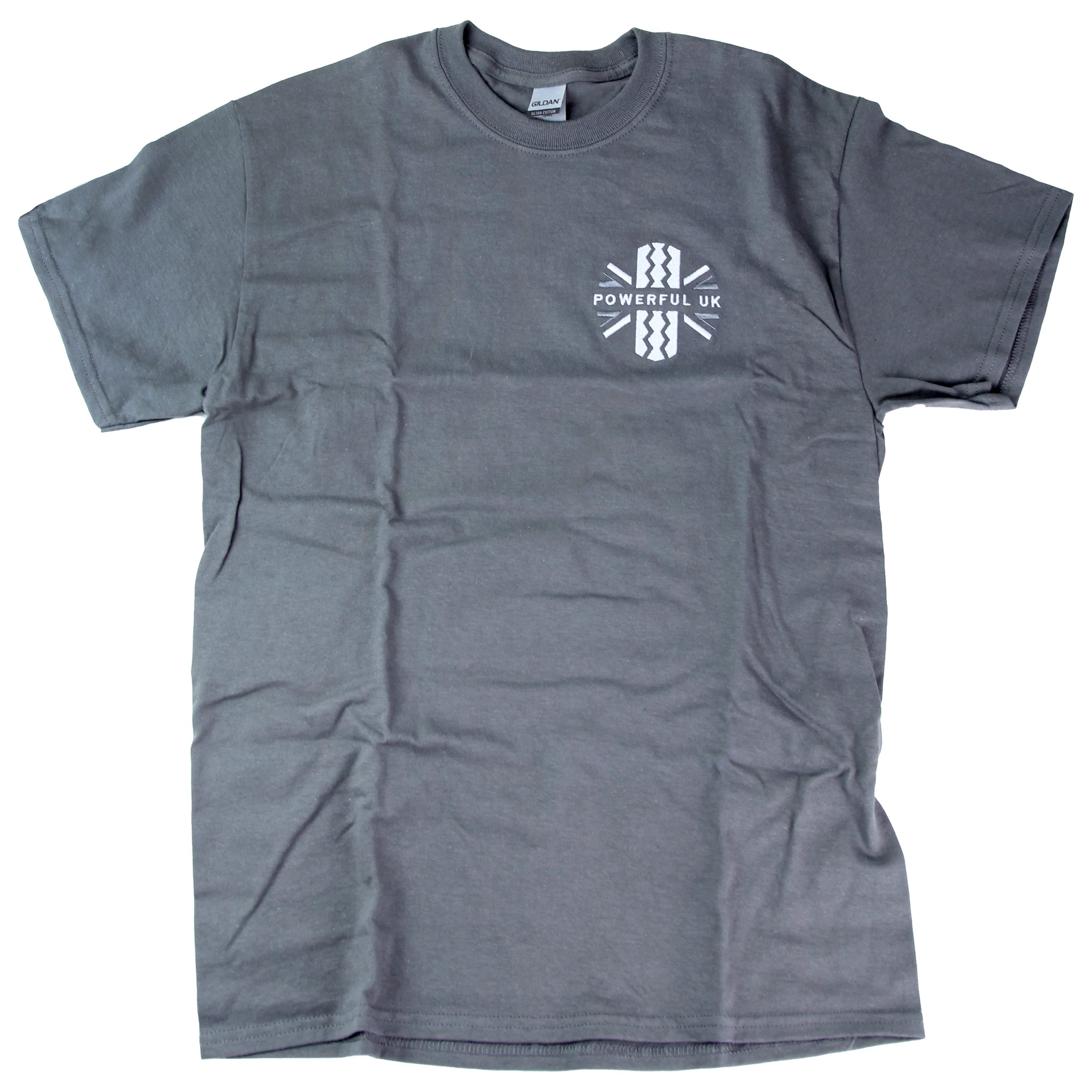 Embroidered T-Shirt Powerful UK Ltd "Merch" - Charcoal Grey - SMALL - Image 3