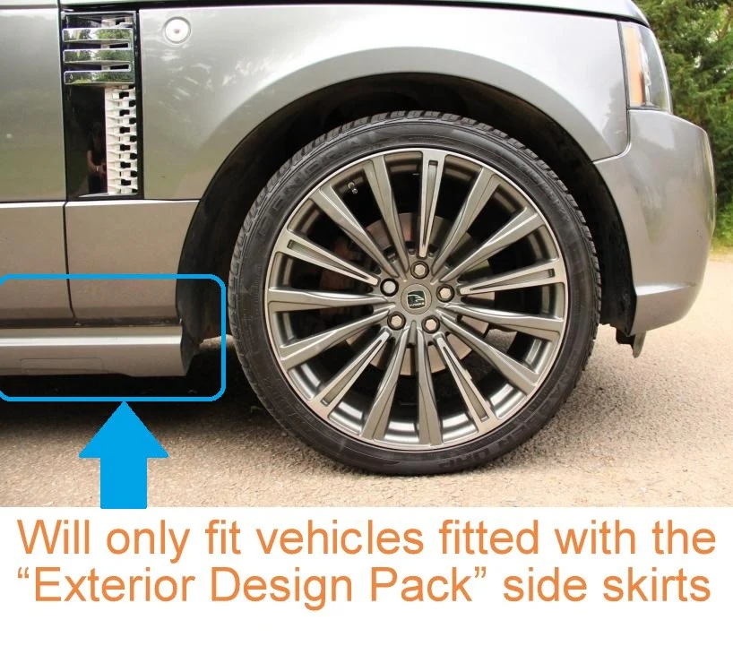 Front Mudflaps for Range Rover L322 fitted with "Exterior Design Pack" Side Skirts - Aftermarket - (Pair) - Image 2